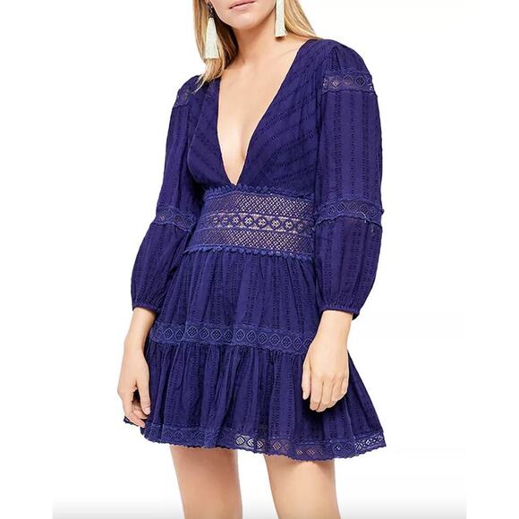 Free People Navy Blue Delightful Clip Dot Crochet Mini Dress • Size 6 - Picture 1 of 4